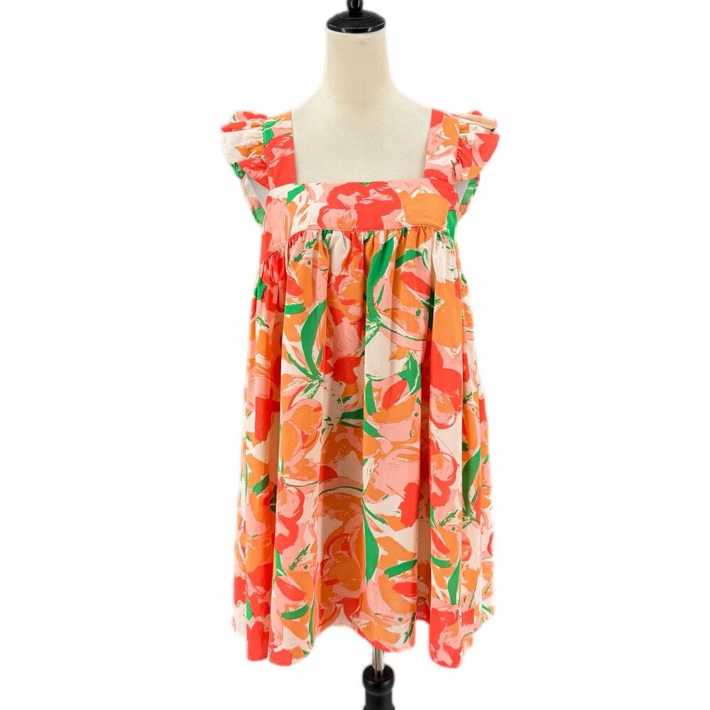 Meet Me in Santorini Ruffle Floral Print Orange Pink Preppy Spring Mini Dress